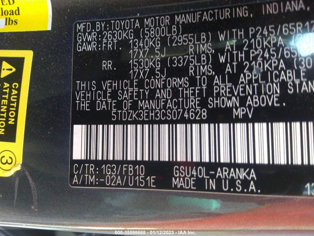 2012 TOYOTA HIGHLANDER VIN: 5TDZK3EH3CS074628