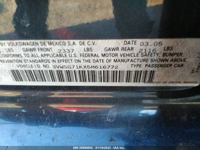 2005 VOLKSWAGEN JETTA SEDAN A5 2.5L VIN: 3VWSG71KX5M616772
