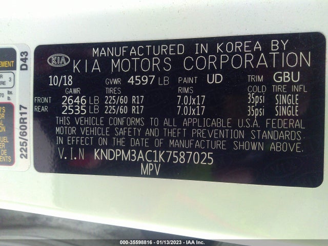 2019 Kia Sportage, VIN: KNDPM3AC1K7587025