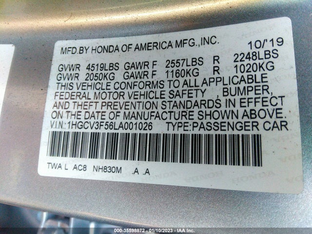 2020 Honda Accord, VIN: 1HGCV3F56LA001026