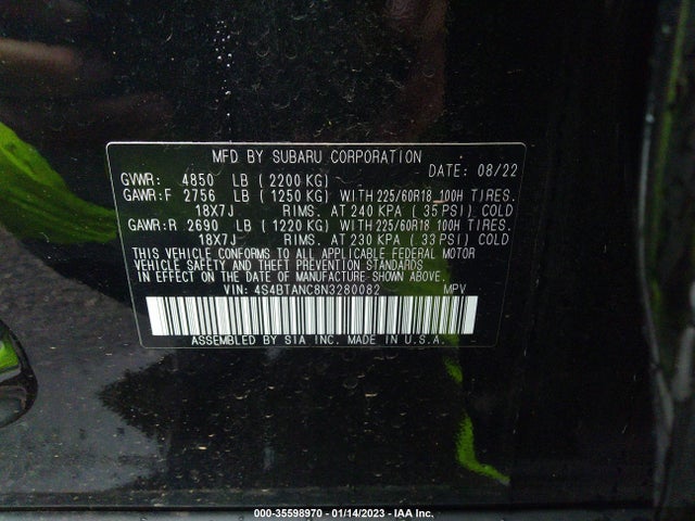2022 Subaru Outback, VIN: 4S4BTANC8N3280082