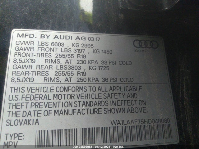 2017 AUDI Q7 PREMIUM PLUS VIN: WA1LAAF75HD048080