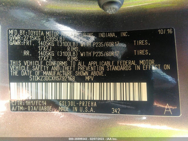 2017 Toyota Sienna, VIN: 5TDKZ3DCXHS792168