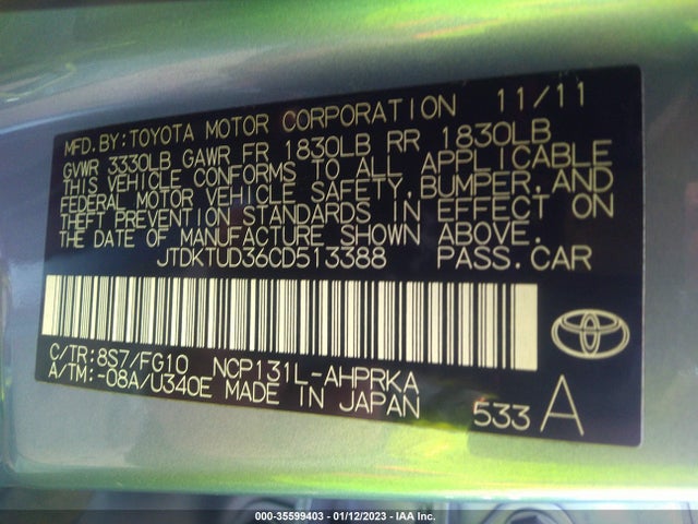 Toyota Yaris L/se/le 2012 JTDKTUD36CD513388 Image 9