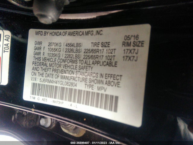 2016 Honda CR-V, VIN: 5J6RM4H41GL082804