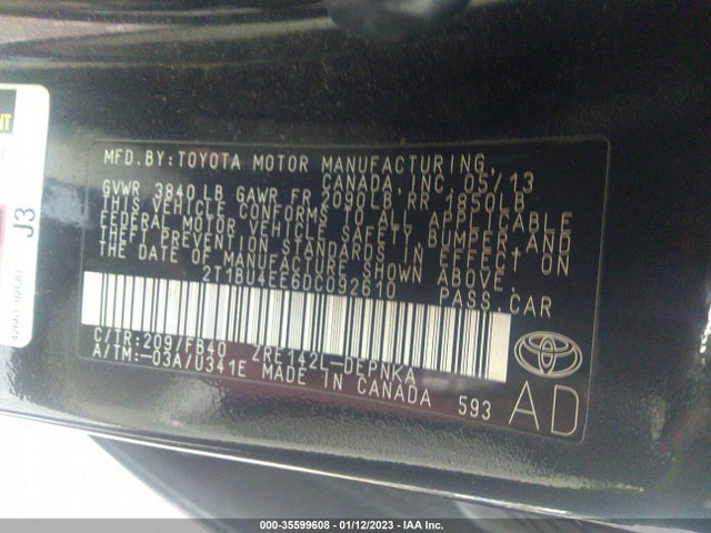 2013 TOYOTA COROLLA L/LE/S VIN: 2T1BU4EE6DC092610
