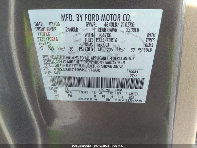 2006 MERCURY MARINER LUXURY/PREMIER VIN: 4M2CU57196KJ17600