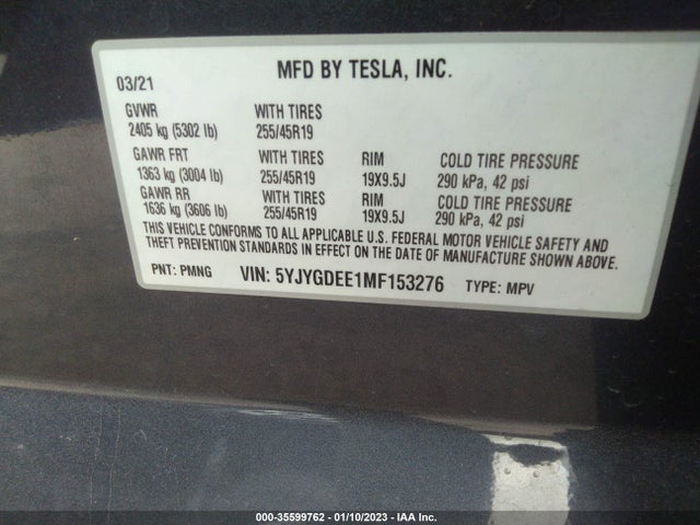 2021 TESLA MODEL Y LONG RANGE VIN: 5YJYGDEE1MF153276