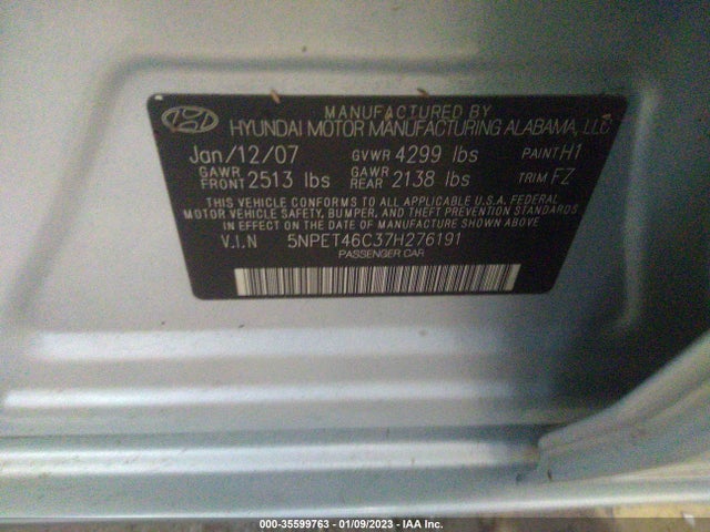 2007 HYUNDAI SONATA GLS VIN: 5NPET46C37H276191