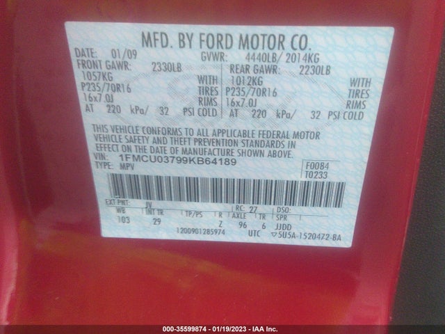 2009 FORD ESCAPE XLT VIN: 1FMCU03799KB64189