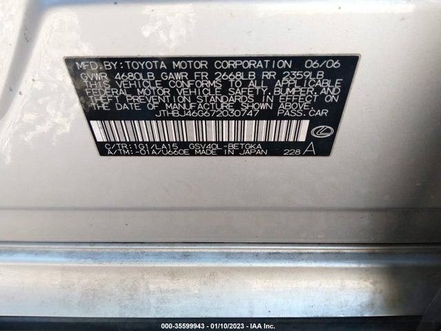 2007 LEXUS ES 350 VIN: JTHBJ46G672030747