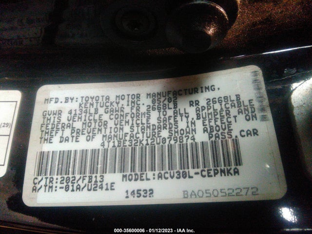 2002 TOYOTA CAMRY LE/SE/XLE VIN: 4T1BE32K12U079874