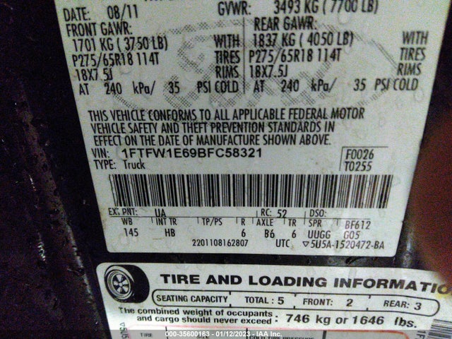 2011 FORD F-150 LARIAT/PLATINUM VIN: 1FTFW1E69BFC58321