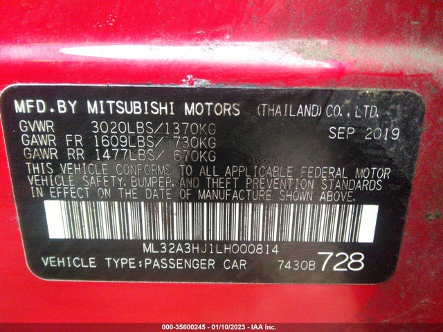 2020 MITSUBISHI MIRAGE ES/SE VIN: ML32A3HJ1LH000814
