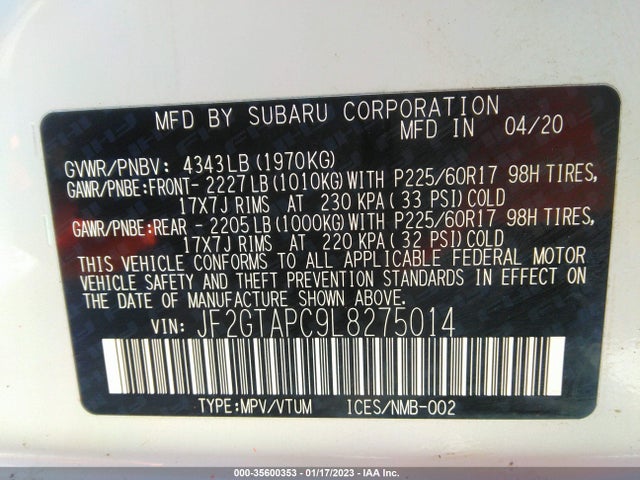 2020 SUBARU CROSSTREK PREMIUM VIN: JF2GTAPC9L8275014