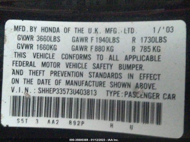 2003 HONDA CIVIC SI VIN: SHHEP33573U403813