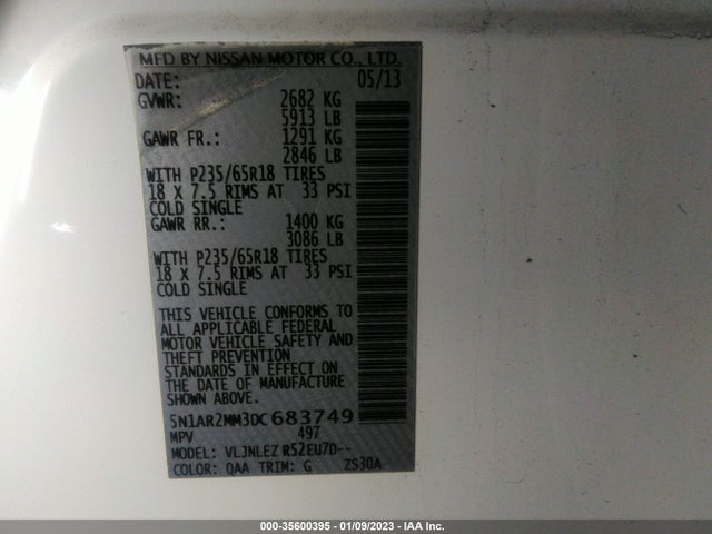 2013 NISSAN PATHFINDER SV VIN: 5N1AR2MM3DC683749
