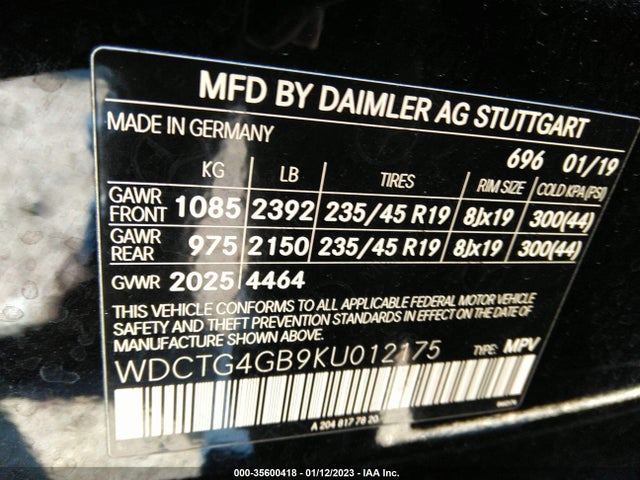 2019 Mercedes-Benz GLA-Class, VIN: WDCTG4GB9KU012175
