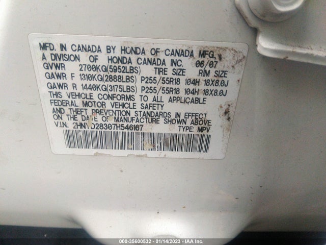 2007 ACURA MDX TECH PKG VIN: 2HNYD28307H546167