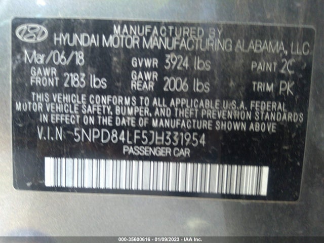 2018 HYUNDAI ELANTRA SEL VIN: 5NPD84LF5JH331954