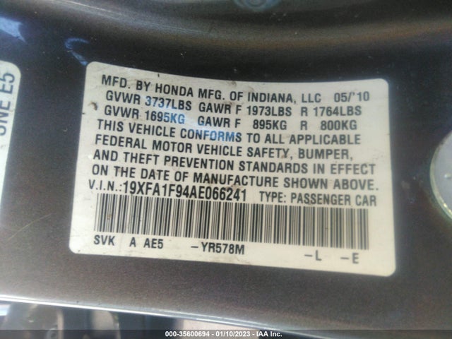 2010 HONDA CIVIC SDN EX-L VIN: 19XFA1F94AE066241
