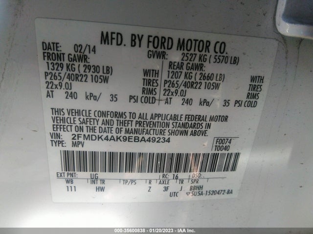 2014 FORD EDGE SPORT VIN: 2FMDK4AK9EBA49234