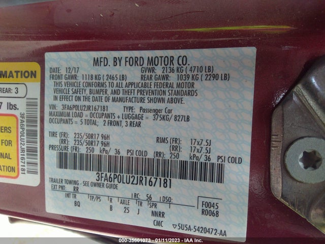 2018 Ford Fusion, VIN: 3FA6P0LU2JR167181