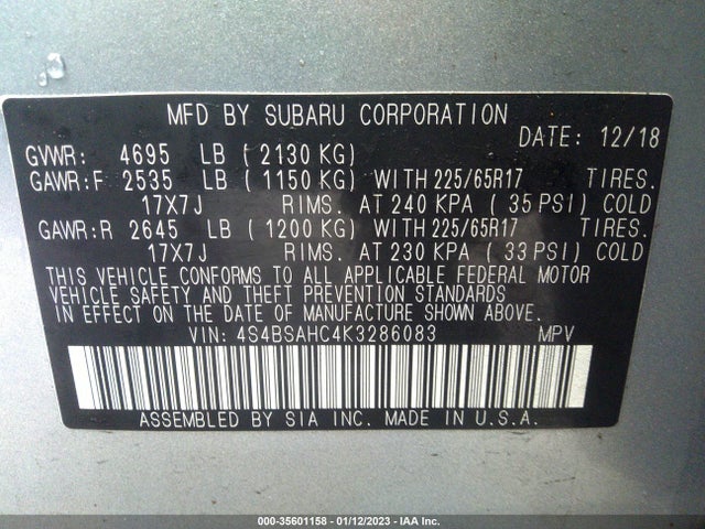 2019 SUBARU OUTBACK PREMIUM VIN: 4S4BSAHC4K3286083