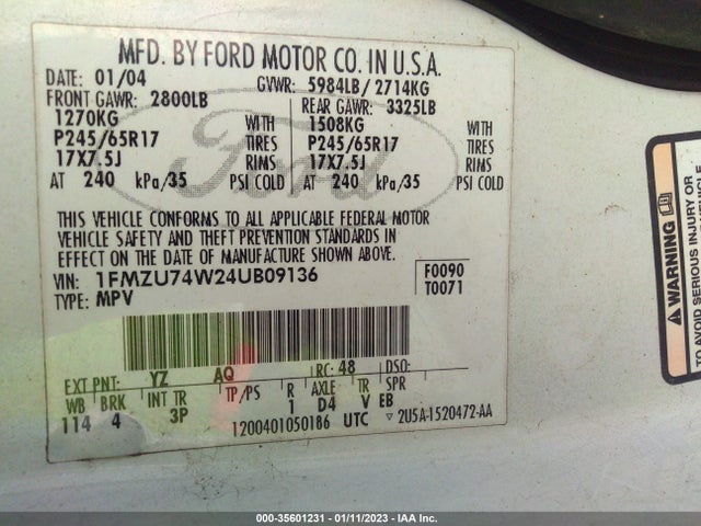 2004 FORD EXPLORER EDDIE BAUER VIN: 1FMZU74W24UB09136
