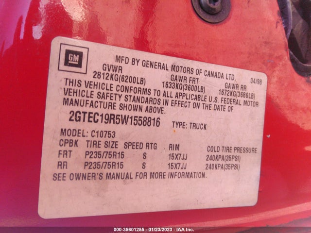 1998 GMC SIERRA 1500 VIN: 2GTEC19R5W1558816