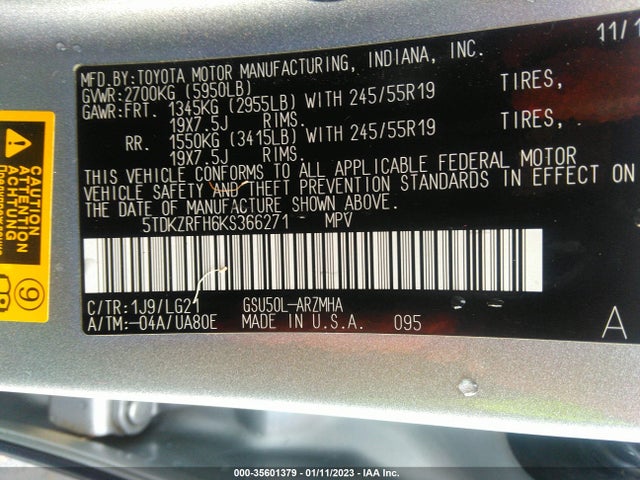 2019 Toyota Highlander, VIN: 5TDKZRFH6KS366271