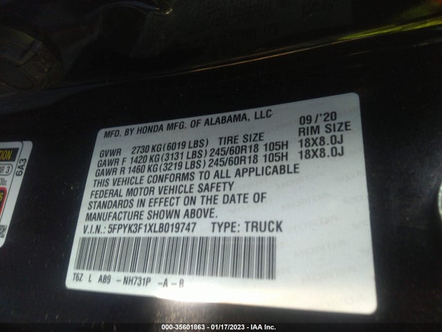 Honda Ridgeline Sport 2020 5FPYK3F1XLB019747 Image 9