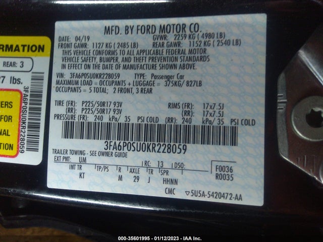 2019 Ford Fusion, VIN: 3FA6P0SU0KR228059