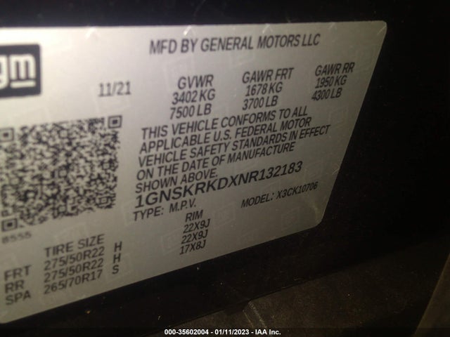 2022 Chevrolet Tahoe, VIN: 1GNSKRKDXNR132183