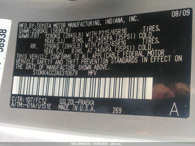 2010 TOYOTA SIENNA CE/LE VIN: 5TDKK4CC2AS310679
