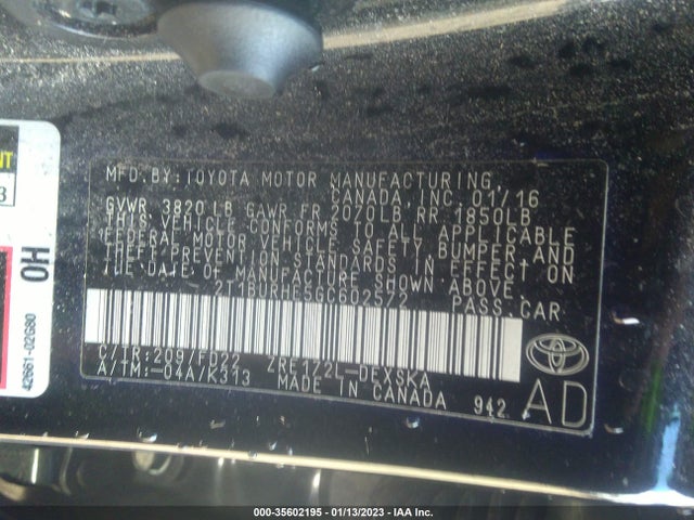 2016 TOYOTA COROLLA L/LE/S/S PLUS/LE PLUS VIN: 2T1BURHE5GC602572