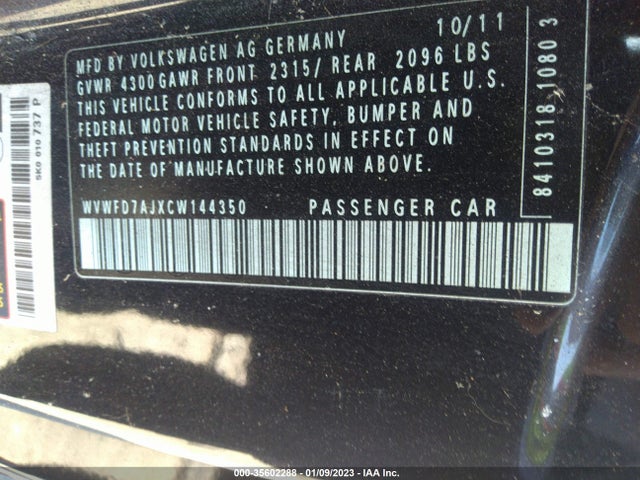 2012 VOLKSWAGEN GTI W/CONV & SUNROOF PZEV VIN: WVWFD7AJXCW144350