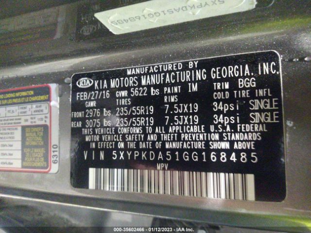 5XYPKDA51GG168485 KIA SORENTO SX
