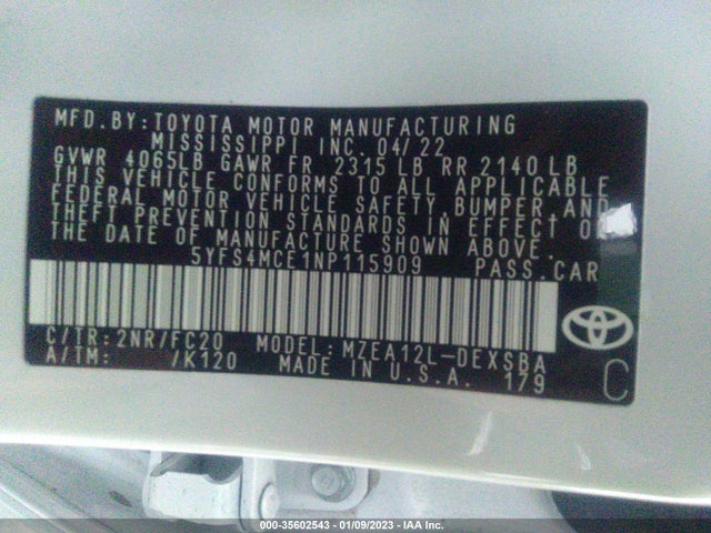 2022 Toyota Corolla, VIN: 5YFS4MCE1NP115909