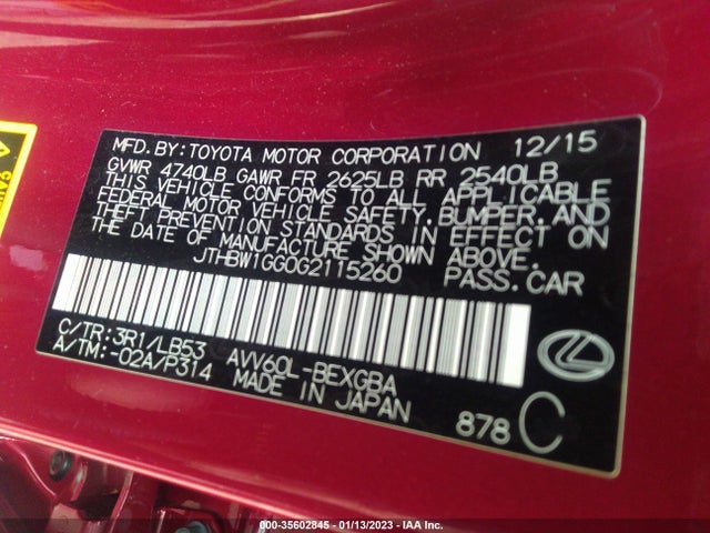 Aukcja sprzedaży 2016 Lexus Es 300h Hybrid, vin: JTHBW1GG0G2115260, numer aukcji: 35602845