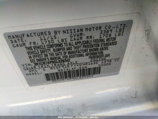 2016 Nissan Versa, VIN: 3N1CN7AP9GL839342