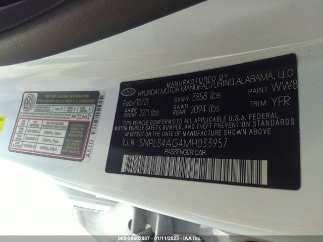 2021 HYUNDAI ELANTRA SEL VIN: 5NPLS4AG4MH033957