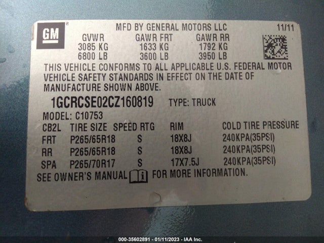 2012 CHEVROLET SILVERADO 1500 LT VIN: 1GCRCSE02CZ160819