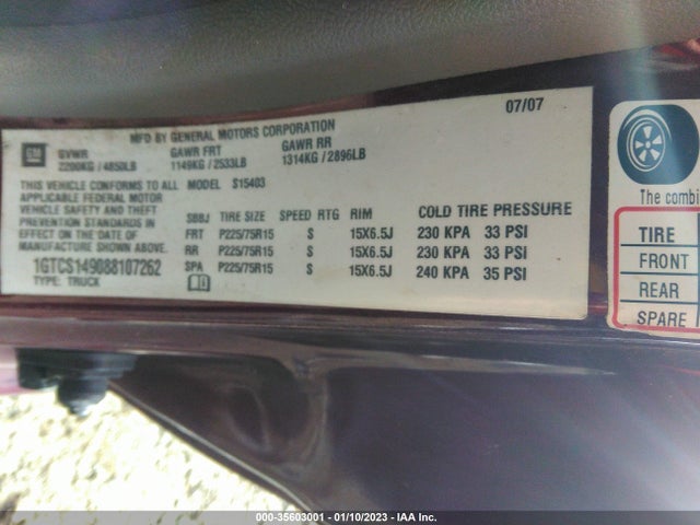 2008 GMC CANYON SL VIN: 1GTCS149088107262