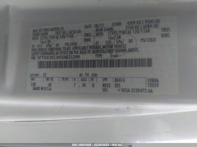 2012 FORD ECONOLINE CARGO VAN SUPER DUTY VIN: 1FTSE3EL6CDB33356