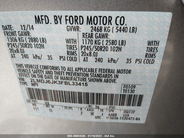 2015 Lincoln MKX, VIN: 2LMDJ6JK3FBL33415