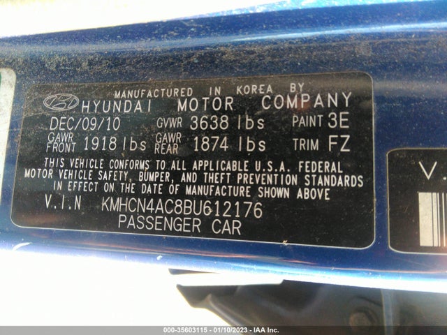 2011 HYUNDAI ACCENT GLS VIN: KMHCN4AC8BU612176