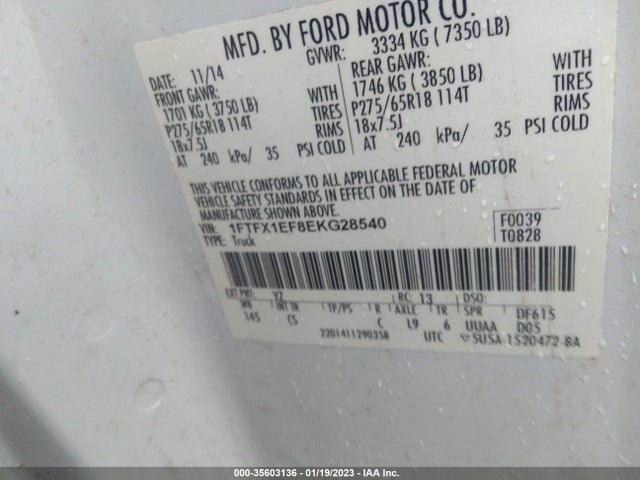 2014 FORD F-150 XL/XLT/STX/LARIAT/FX4 VIN: 1FTFX1EF8EKG28540
