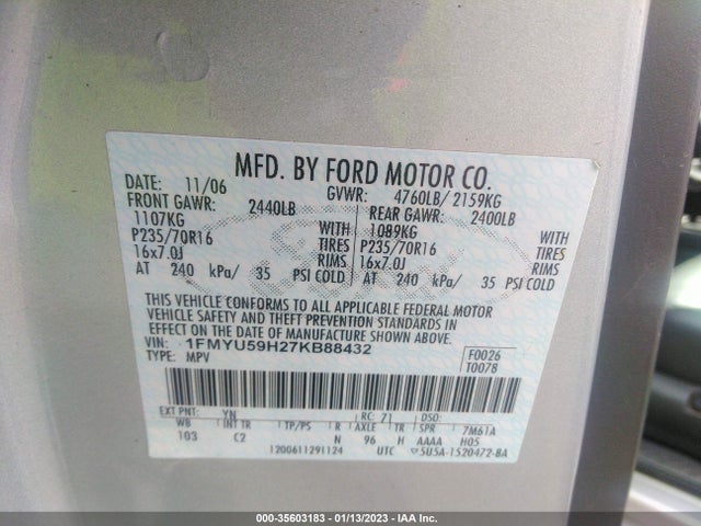 2007 FORD ESCAPE HYBRID VIN: 1FMYU59H27KB88432