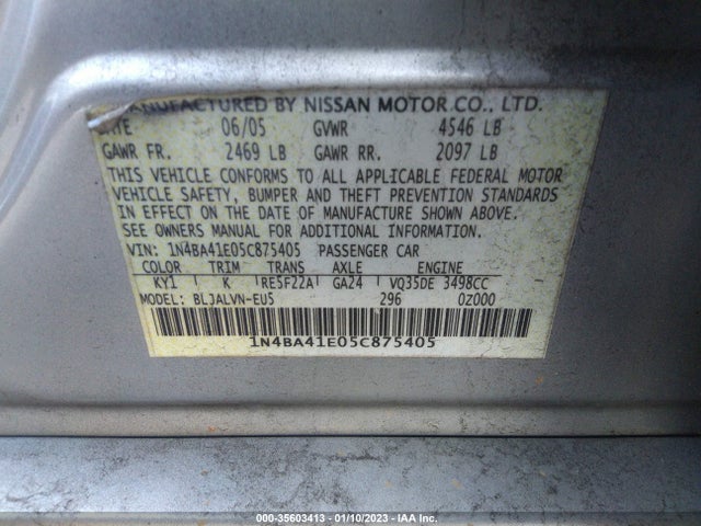 2005 NISSAN MAXIMA 3.5 SL VIN: 1N4BA41E05C875405
